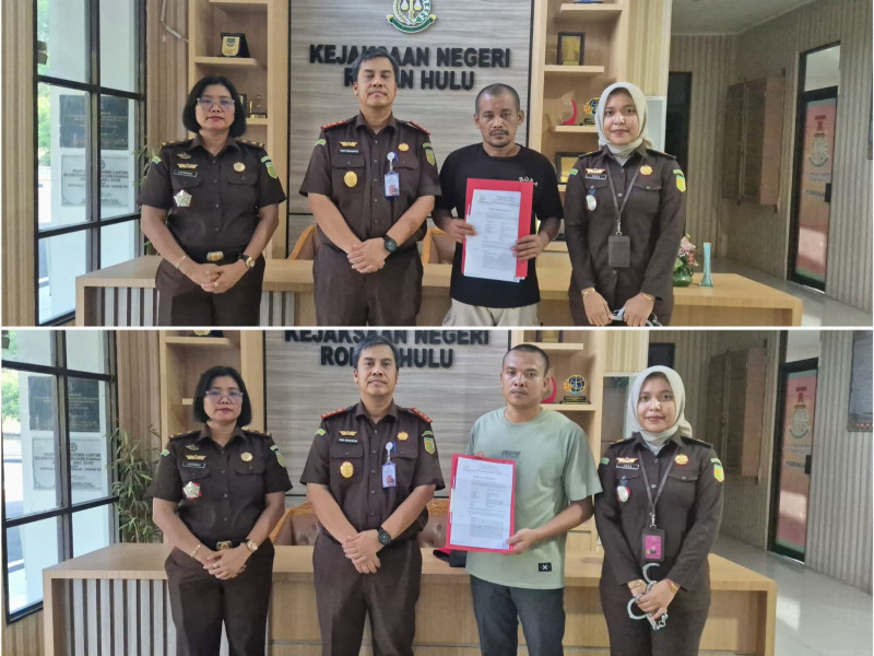 Dokumen Foto : Kajari Rokan Hulu bersama dua tersangka Usai Penyerahan Surat Ketetapan Penghentian Penuntutan